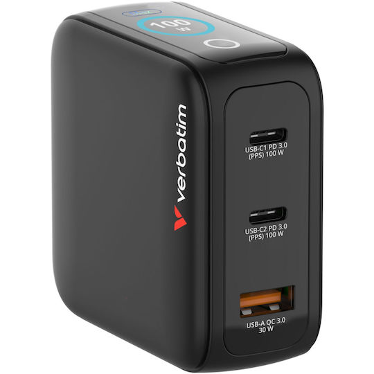 Verbatim Φορτιστής Χωρίς Καλώδιο GaN με Θύρα USB-A και 2 Θύρες USB-C 100W Power Delivery / Quick Charge 3.0 Μαύρος (30239)