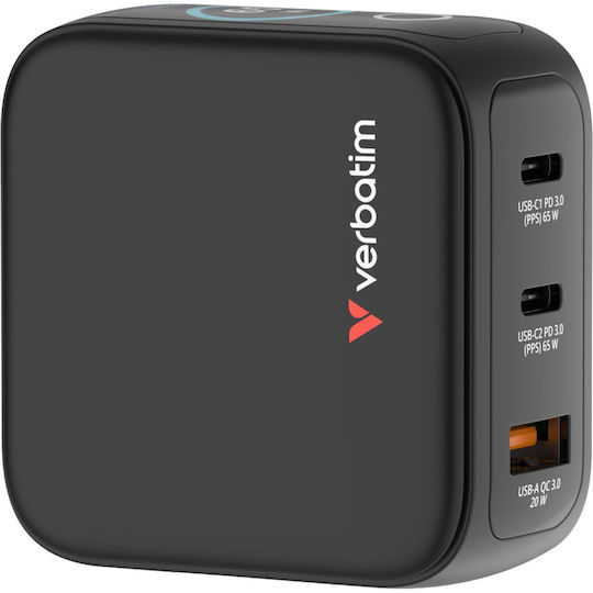 Verbatim Charger Without Cable GaN with USB-A Port and 2 USB-C Ports 65W Power Delivery / Quick Charge 3.0 Blacks (30238)