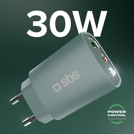SBS Зарядно без кабел с USB-A порт и USB-C порт 30W Power Delivery Черен