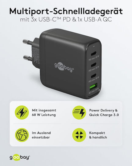 Goobay Φορτιστής Χωρίς Καλώδιο GaN με Θύρα USB-A και 3 Θύρες USB-C 68W Λευκός (64819)