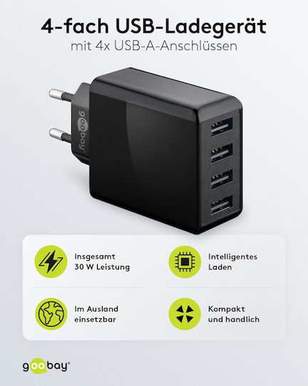 Goobay Φορτιστής Χωρίς Καλώδιο με 4 Θύρες USB-A 30W Μαύρος (44953)