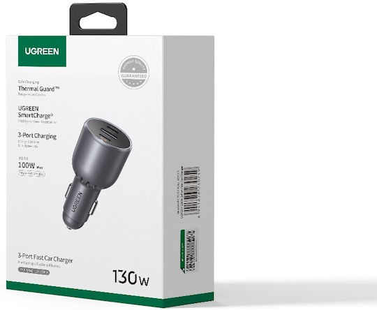 Ugreen Auto-Ladegerät 130W Schnellladung mit Anschlüssen: 2xUSB 2xType-C mit Kabel Typ-C,TC-TC Gray Farbe