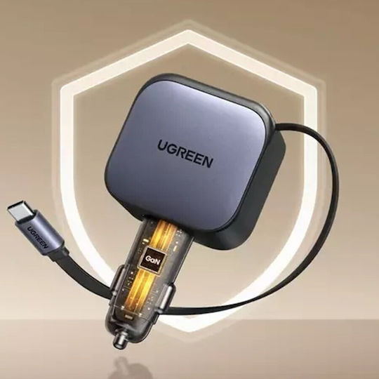 Ugreen Auto-Ladegerät 90W 3A Schnellladung mit Anschlüssen: 1xUSB 1xType-C mit Kabel Eingebettet Gray Farbe