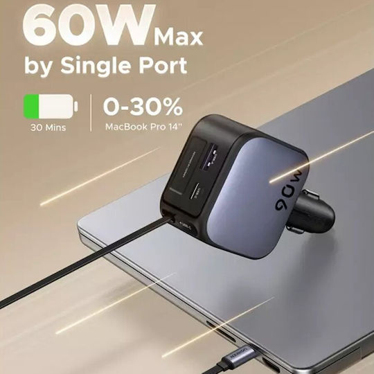 Ugreen Auto-Ladegerät 90W 3A Schnellladung mit Anschlüssen: 1xUSB 1xType-C mit Kabel Eingebettet Gray Farbe