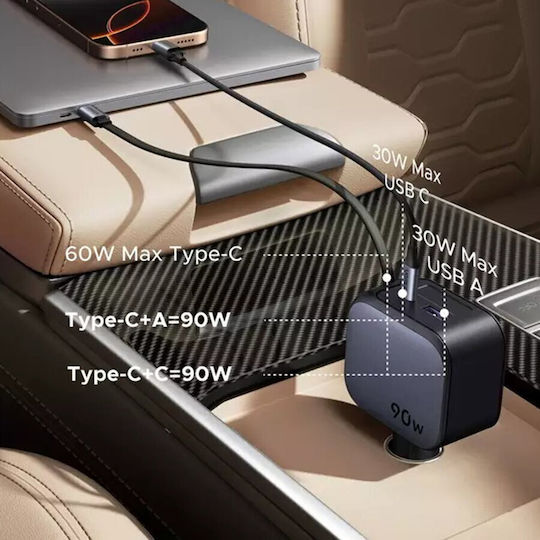 Ugreen Auto-Ladegerät 90W 3A Schnellladung mit Anschlüssen: 1xUSB 1xType-C mit Kabel Eingebettet Gray Farbe