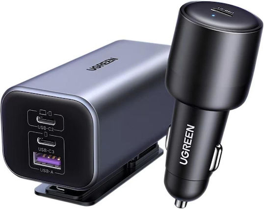 Ugreen EC706 Auto-Ladegerät 150W Schnellladung mit Anschlüssen: 1xUSB 1xType-C mit Kabel Eingebettet Gray Farbe