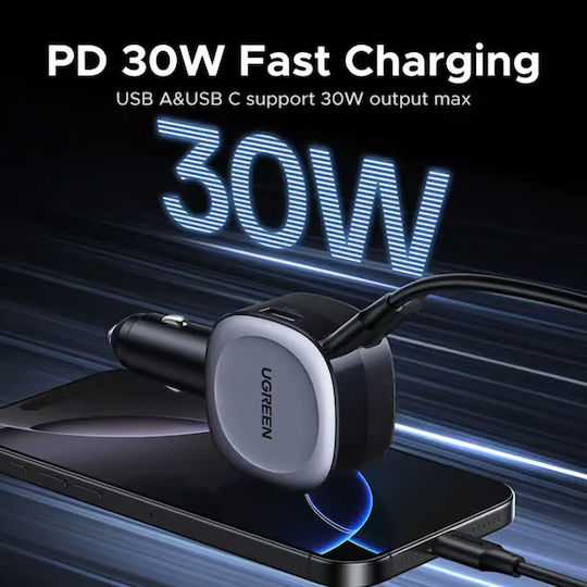 Ugreen EC601 Car Charger 75W Fast Charging with Ports: 1xUSB 1xType-C with Cable Embedded Gray Color
