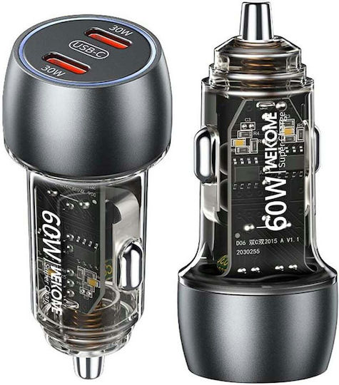 WK Auto-Ladegerät 60W Schnellladung mit Anschlüssen: 2xType-C Schwarz Farbe