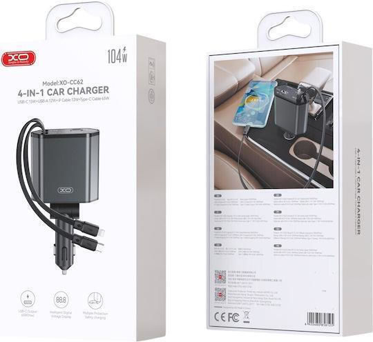 Auto-Ladegerät 108W mit Anschlüssen: 1xUSB 1xType-C mit Kabel Blitzschlag / Typ-C,TC-TC Schwarz Farbe