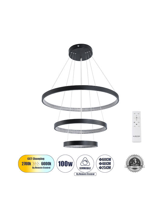 GloboStar Diamond Κρεμαστό Φωτιστικό Μαύρο LED με Ρυθμιζόμενο Λευκό Φως 94.5x68.5εκ.