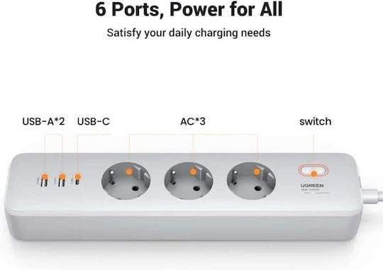 Ugreen Πολύπριζο Aσφαλείας 3 Θέσεων με 2 USB-A, 1 USB-C, Διακόπτη και Καλώδιο 2m