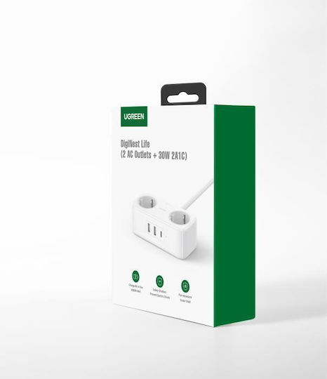 Ugreen Πολύπριζο 2 Θέσεων με 2 USB-A, 1 USB-C και Καλώδιο 1.8m
