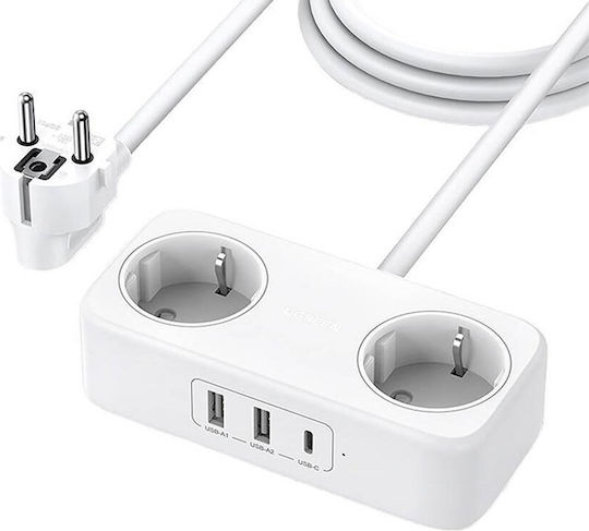 Ugreen Πολύπριζο 2 Θέσεων με 2 USB-A, 1 USB-C και Καλώδιο 1.8m