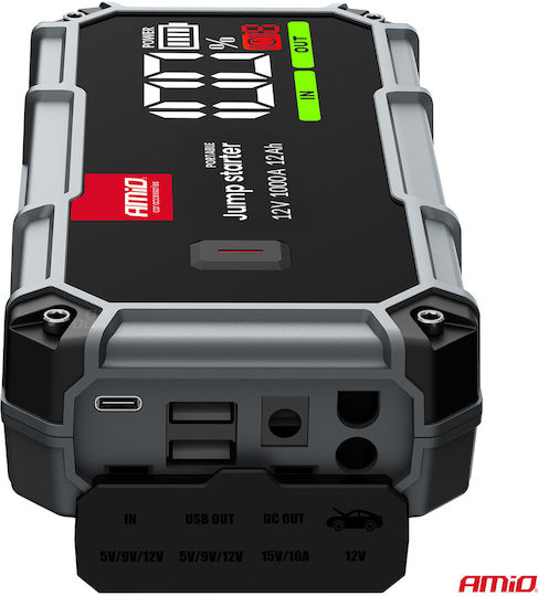 Amio Преносим Стартер За Батерия 3 В 1 Тип Jump Starter Led Светлина Powerbank Работно Напрежение 12v Капацитет 12ah 500-1000a За Леки Автомобили 1 Бр 04676/am 04676/am