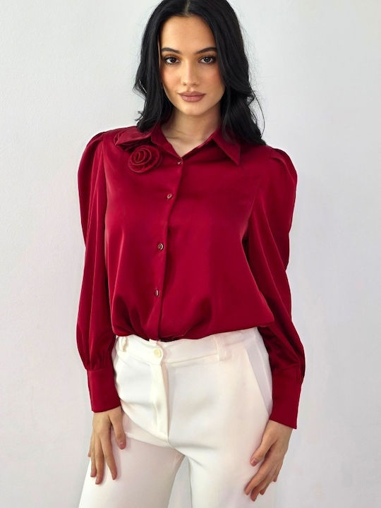 Cămașă De Damă Mătăsoasă Cu Mâneci Lungi Roșie Floral