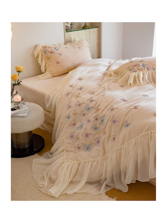 Σετ Παπλωματοθήκη Milk Velvet Υπέρδιπλη 220x240cm 2 Μαξιλαροθήκες & 1 Σεντόνι Butterfly