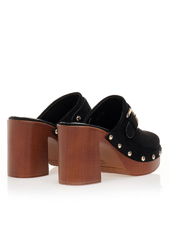 Suede Mules με Ψηλό Τακούνι σε Μαύρο Χρώμα