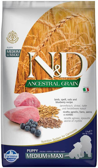 Farmina N&D Ancestral Grain Puppy Medium & Maxi 12kg Dry Food Gluten-Free, with Few Grains for Medium & Large Breed Puppies with Lamb