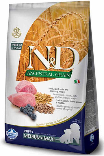 Farmina N&D Ancestral Grain Puppy Medium & Maxi 12kg Dry Food Gluten-Free, with Few Grains for Medium & Large Breed Puppies with Lamb