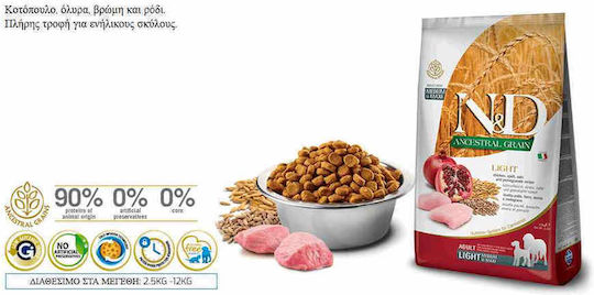 Farmina N&D Ancestral Grain Light Medium & Maxi 2.5kg Dry Food Diet, with Few Grains for Adult Neutered Medium & Large Breed Dogs with Chicken and Pomegranate