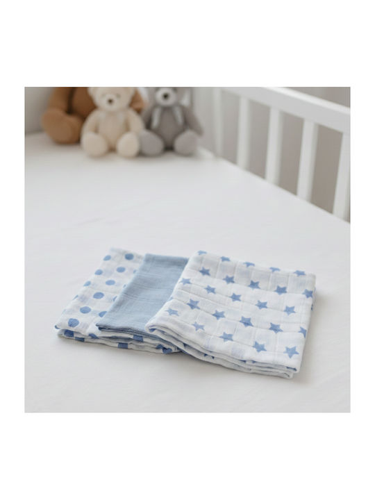 Gamberritos Kids Stars & Dots Πάνες Αγκαλιάς από Μουσελίνα Γαλάζιο 80x80εκ. 3τμχ