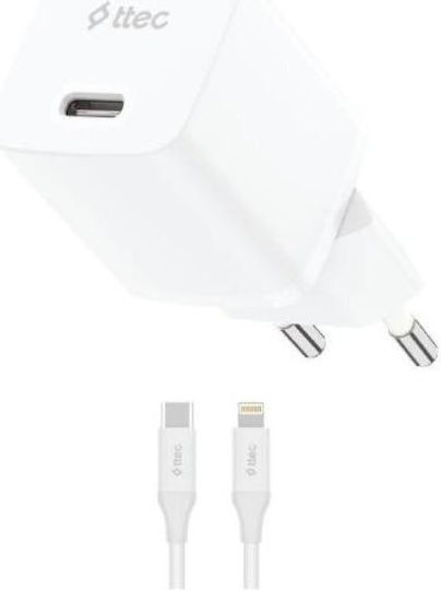TTEC GaN Charger With USB-C Port And USB-C - Lightning Cable 20W Power Delivery White SmartCharger