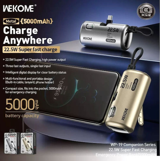 WK WP-19 Power Bank 5000mAh 22.5W με 2 Θύρες USB-C Μπεζ
