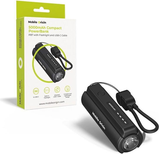 Mobile Origin PB7 with Flashlight and USB-C Cable Power Bank 5000mAh 12W Μαύρο