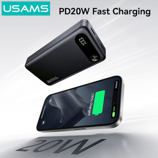 Usams PB80 Power Bank 20000mAh 20W with 2 USB-A Output Ports and USB-C Power Delivery Black