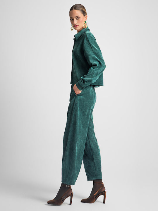 Women's Fabric Trousers with Elastic Loose Fit Green