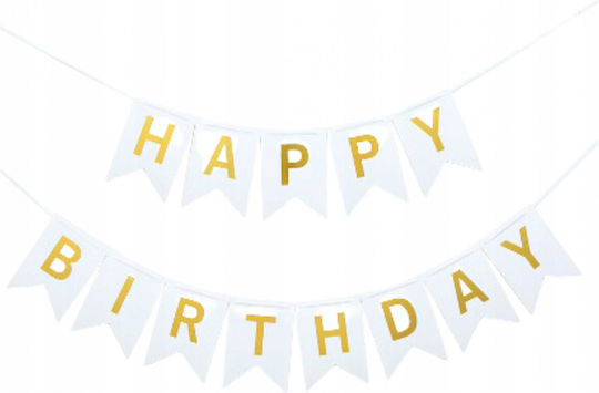 Banner Happy Birthday 100x200 Cm Dimensiune Steag 11.5x16.5 Cm Rola De Ață Inclusă Alb