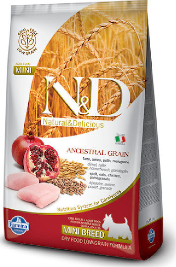 Farmina N&D Ancestral Grain Adult Mini 0.8kg Dry Food with Few Grains for Adult Small Breed Dogs with Chicken and Pomegranate