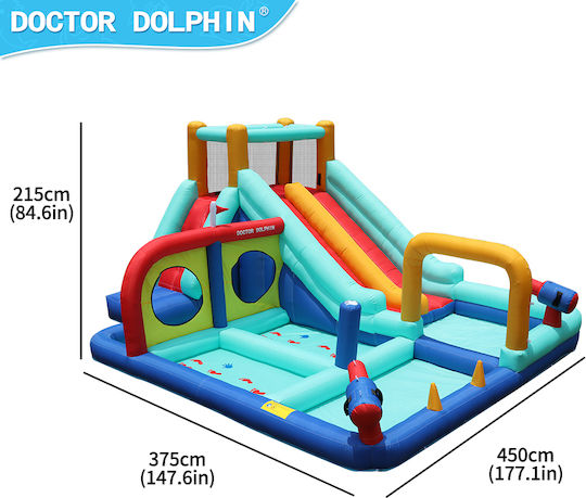Doctor Dolphin Inflatable Trampoline Double Slide Climbing Water Guns Hoops Rings