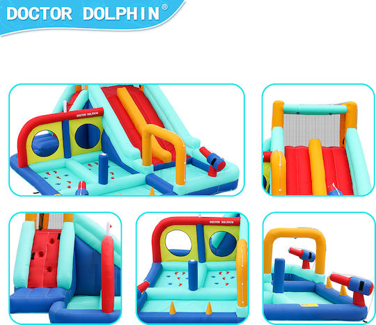 Doctor Dolphin Inflatable Trampoline Double Slide Climbing Water Guns Hoops Rings