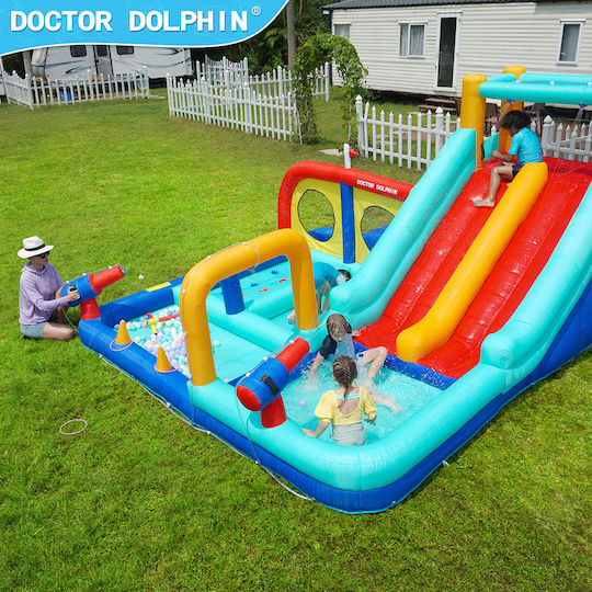 Doctor Dolphin Inflatable Trampoline Double Slide Climbing Water Guns Hoops Rings