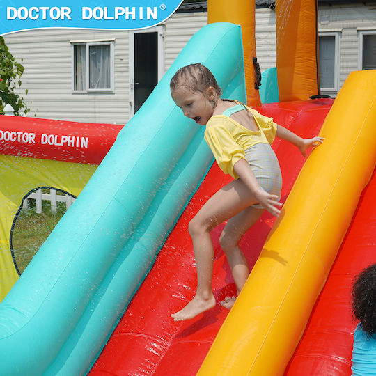 Doctor Dolphin Inflatable Trampoline Double Slide Climbing Water Guns Hoops Rings