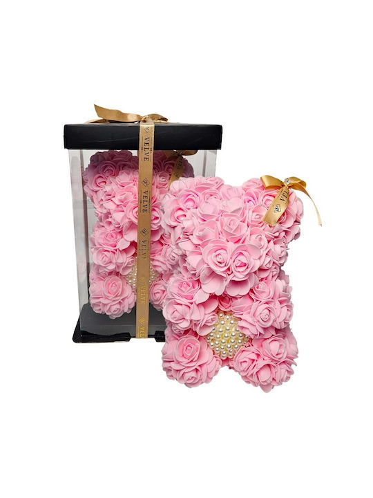 Ursuleț De Pluș Floral Roz Din Trandafiri Din Spumă Cu O Inimă De Perle 25 Cm Decorat Manual În Cutie Cadou