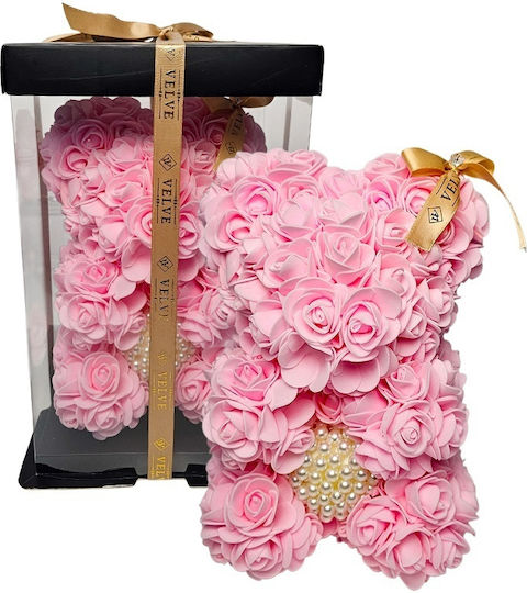 Ursuleț De Pluș Floral Roz Din Trandafiri Din Spumă Cu O Inimă De Perle 25 Cm Decorat Manual În Cutie Cadou