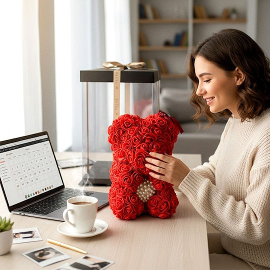 Red Floral Teddy Bear Made Foam Roses A Pearl Heart 25 Cm Hand-decorated In A Gift Box