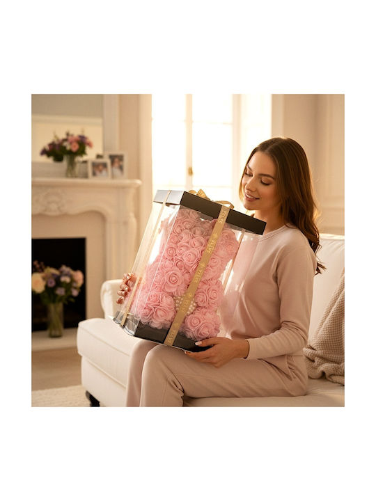 Ursuleț De Pluș Floral Roz Din Trandafiri Din Spumă Cu O Inimă De Perle 25 Cm Decorat Manual În Cutie Cadou