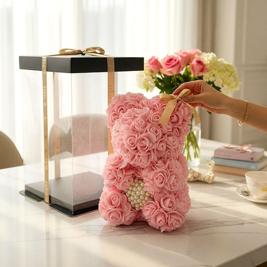 Ursuleț De Pluș Floral Roz Din Trandafiri Din Spumă Cu O Inimă De Perle 25 Cm Decorat Manual În Cutie Cadou