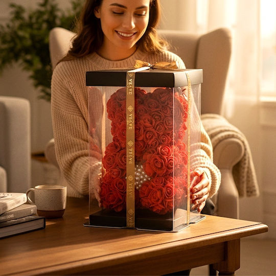 Red Floral Teddy Bear Made Foam Roses A Pearl Heart 25 Cm Hand-decorated In A Gift Box