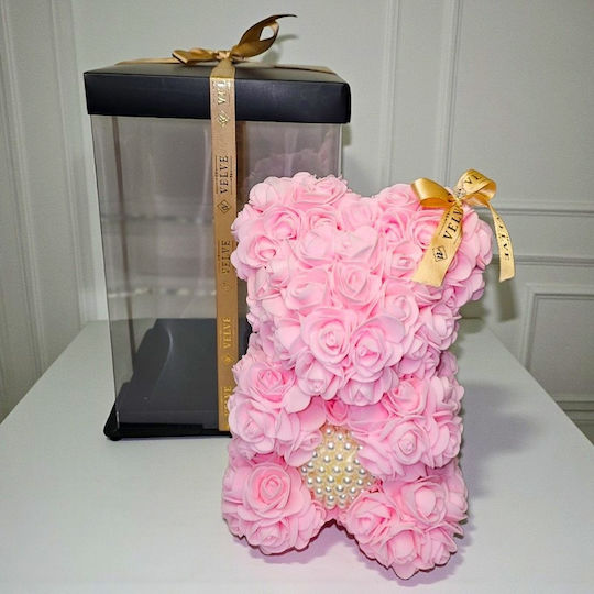 Ursuleț De Pluș Floral Roz Din Trandafiri Din Spumă Cu O Inimă De Perle 25 Cm Decorat Manual În Cutie Cadou