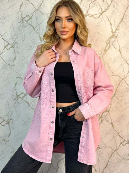Langärmeliges Damen-Denim-Halbknopfhemd Rosa