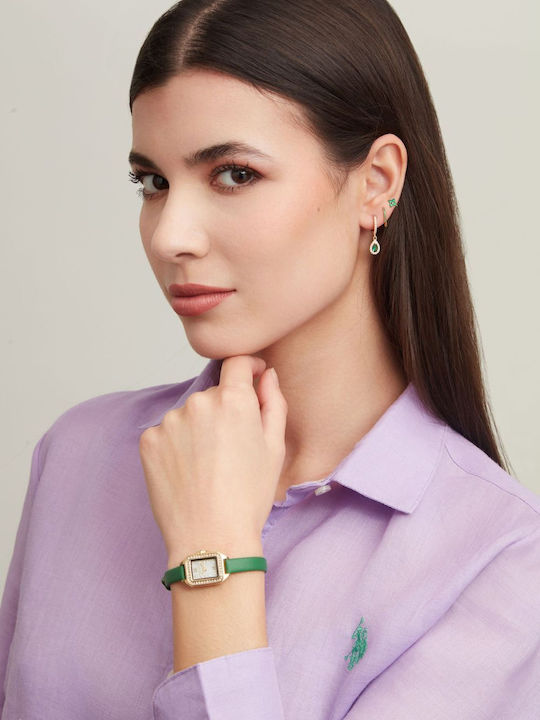 U.S. Polo Assn. Σετ Σκουλαρίκια Καρφωτά Επιχρυσωμένα με Πέτρες Πράσινα