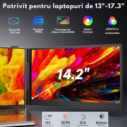Monitor Portabil Dual Expandabil 14,2 Inch Ecran Ips Full Hd 1080p 300 Nits 60hz Contrast 1 000:1 Compatibil Laptopuri 13"-17,3" Conectivitate Usb-c/hdmi Plug Play Compatibil Windows Macos Linux Android Suport Husa Inclusă