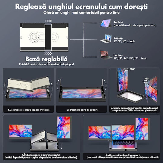 Monitor Portabil Dual Extensibil 14" FHD 1080p Suport Răcire Bază Extindere Ecran Laptop 360° Rotație Compatibil Laptopuri 7 Până La 18 Inch Tri-ecran Windows Mac USB-C HDMI Plug Play Gaming Birou