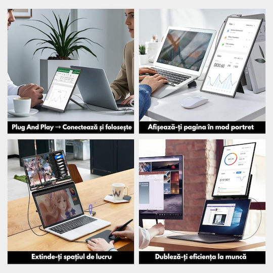 Monitor Portabil Extensibil Laptop Qova Ecran 16 Inch Ips Full Hd 1200p Display 60hz Contrast 1000:1 16,7 Milioane Culori Rotire 360° Compatibil Windows Macos Linux Android Design Vesa Plug Play Port Usb-c Suport Inclus