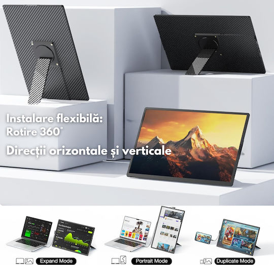 Monitor Portabil Extensibil Laptop Qova Ecran 16 Inch Ips Full Hd 1200p Display 60hz Contrast 1000:1 16,7 Milioane Culori Rotire 360° Compatibil Windows Macos Linux Android Design Vesa Plug Play Port Usb-c Suport Inclus