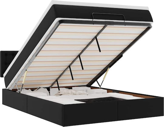 Double Bed Upholstered with Black Faux Leather with Storage Space Slats & Mattress 140x200cm